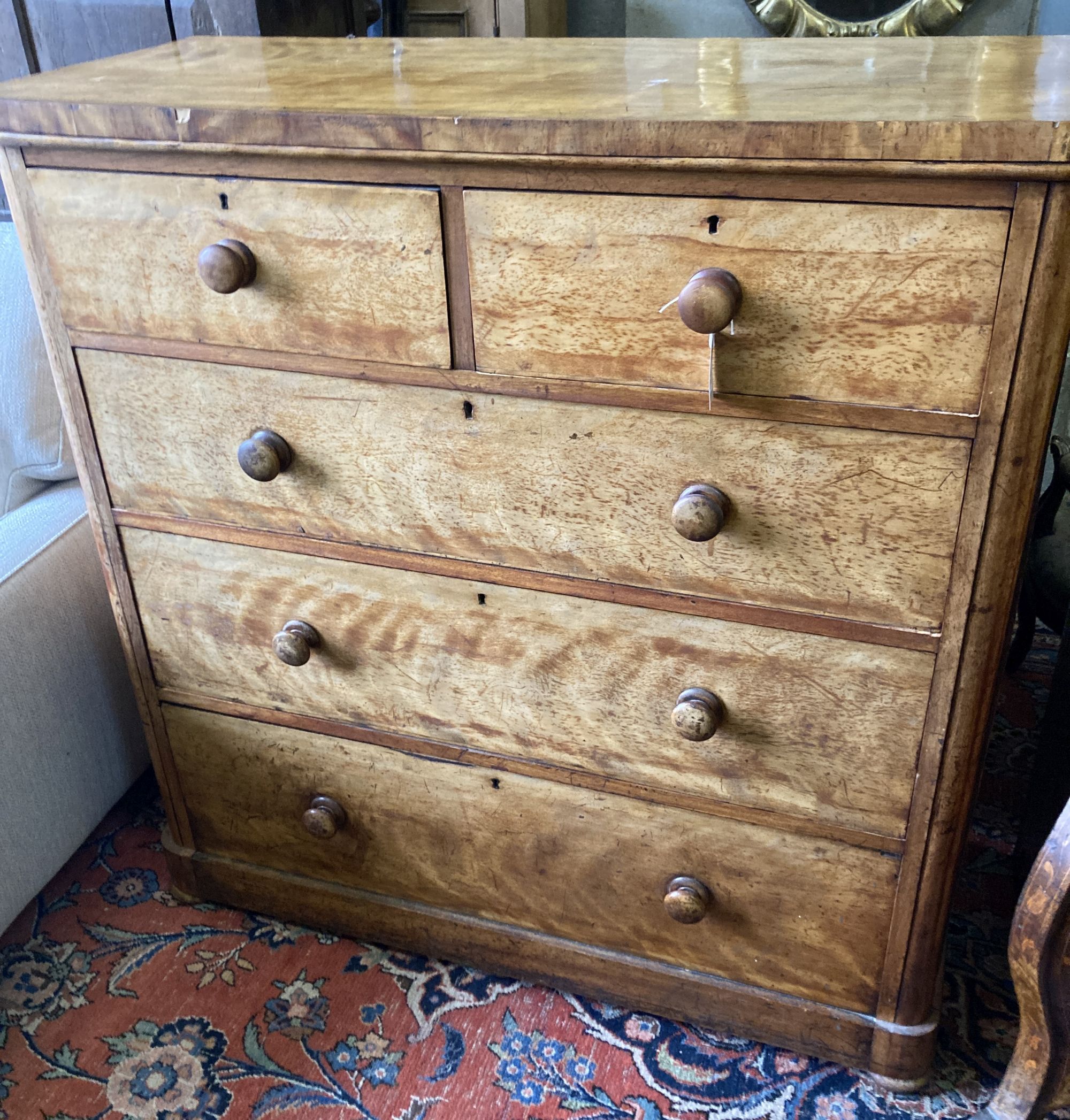 A Victorian satin birch chest of drawers, width 122cm, depth 51cm, height 122cm